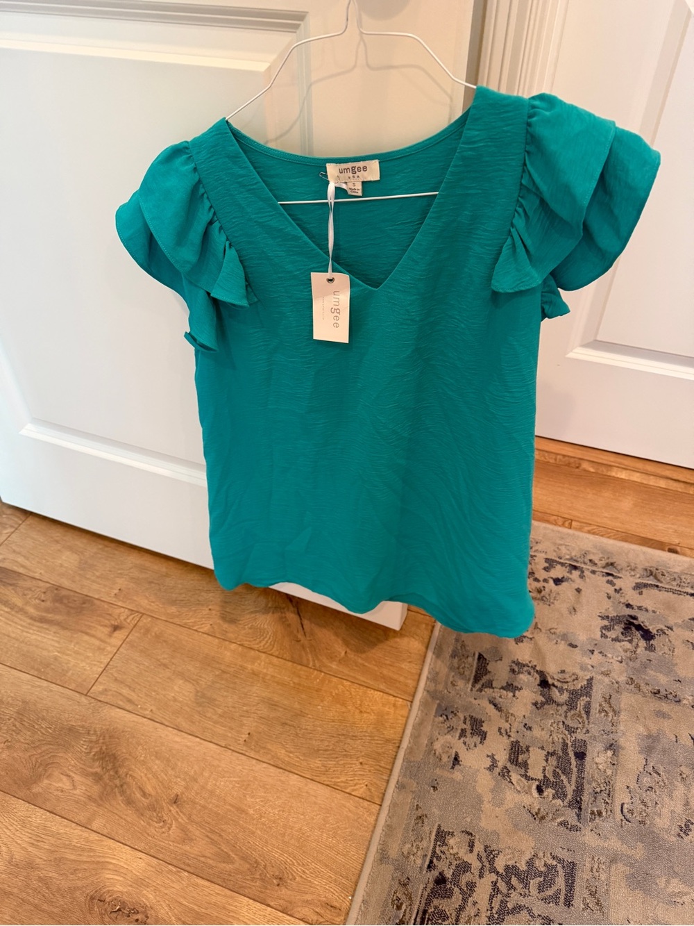 Umgee Teal Ruffle Sleeve V-Neck Blouse